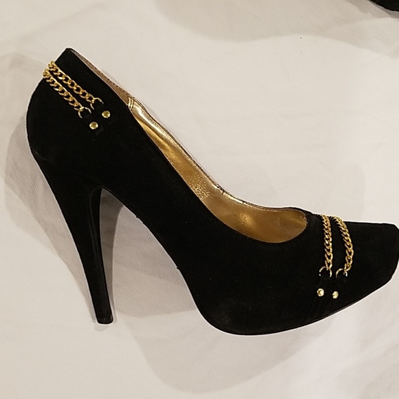 Black suede gold chain heels Shoe dazzle size 10 - Picture 3 of 8